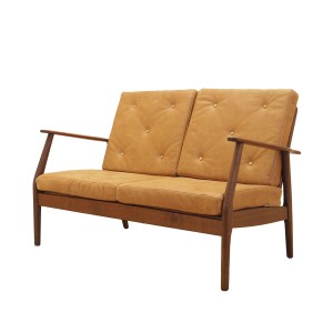 Duńska sofa dwuosobowa z litego dębu olejowanego, skóra naturalna, lata 60.