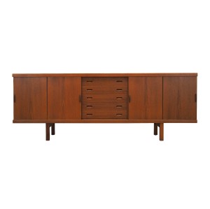 Sideboard tekowy z przesuwanymi drzwiami, duński modernizm lat 60.