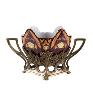 Patera secesyjna z ceramicznym wkładem i metalowym koszem w motywy winorośli, Art Nouveau
