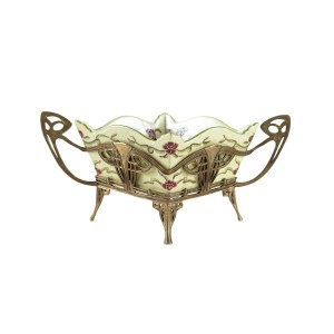 Secesyjny półmisek z ceramicznym wkładem w metalowej ornamentalnej oprawie